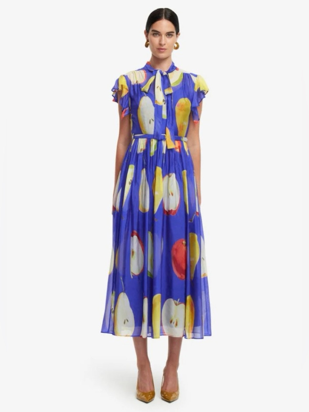 LEO LIN Grace Blue Silk Blend Belted Midi Dress in Pear Print AU8/US4 NWOT